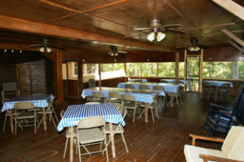 cropped photo of dining room with blue and white table covers