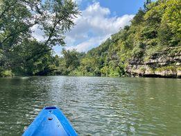 A kayak is shown in the water near some trees.
