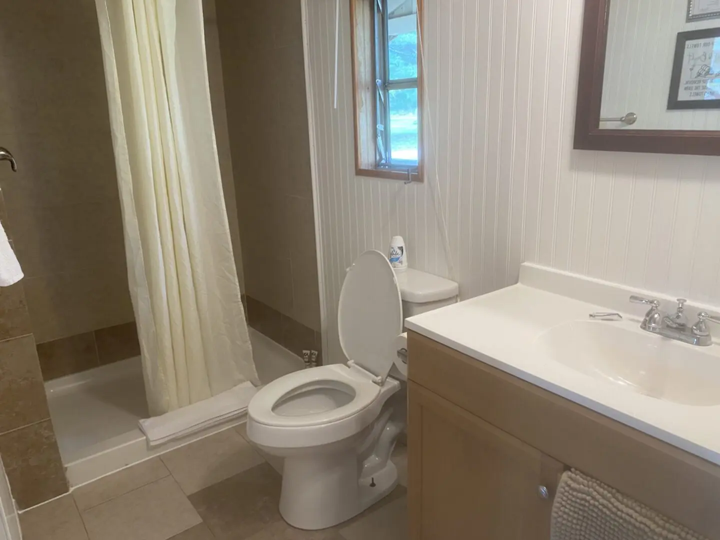 A bathroom with a toilet, sink and mirror.