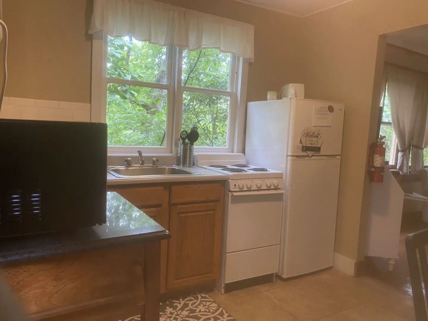 A kitchen with a sink, refrigerator and microwave.