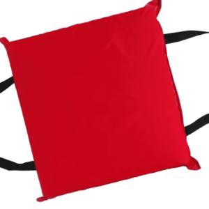 Red tote bag with black handles on a white background.