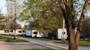 Several rvs parked along a gravel road in a shaded campground with green trees and a clear sky at dusk.