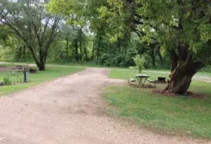 A gravel pathway leads through a park with picnic tables and mature trees, conveying a serene outdoor setting.