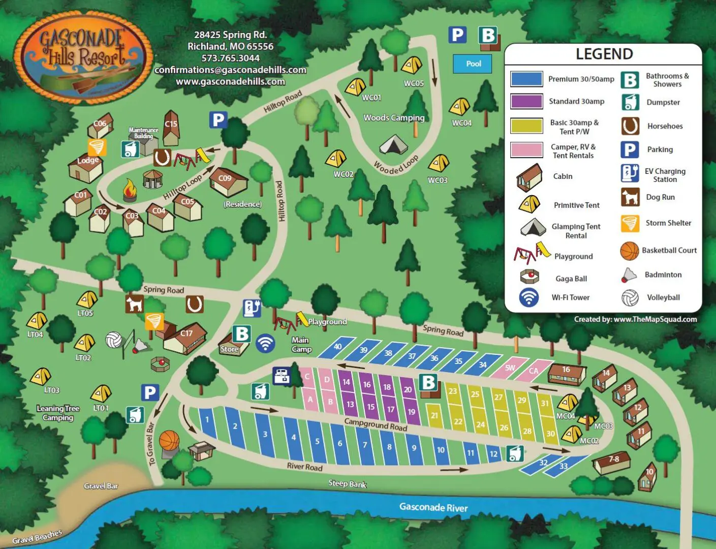 Colorful illustrated map of gasconade hills resort showing cabins, campsites, facilities, and a river, with a legend for easy reference.