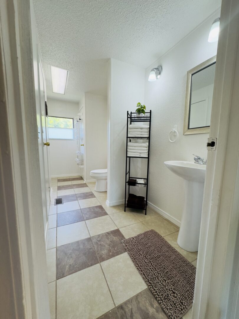 Bright bathroom with pedestal sink and shelves.