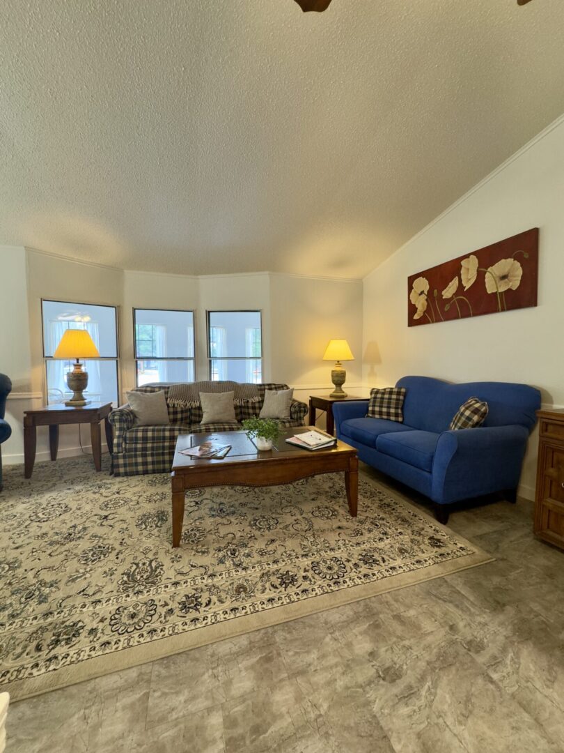 Cozy living room with blue sofa.