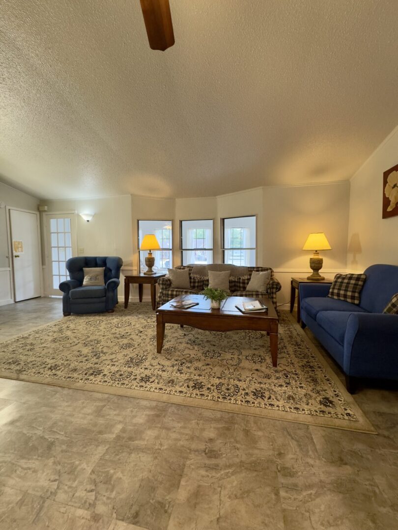 Cozy living room with blue furniture.